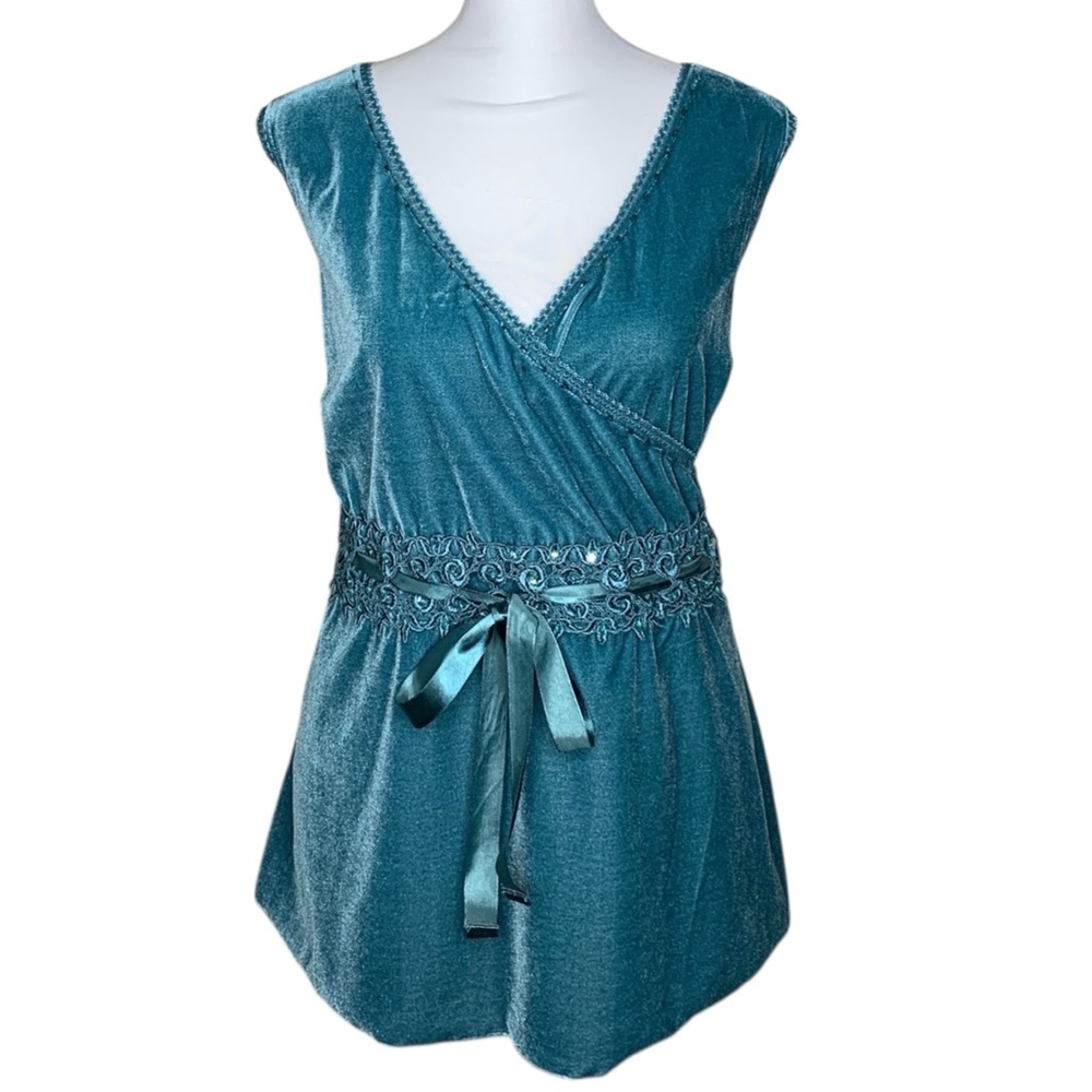 Venezia Velvet Babydoll Fairy Top 14 16 Teal Faux Wrap Tie Bow Lace Sequin Party